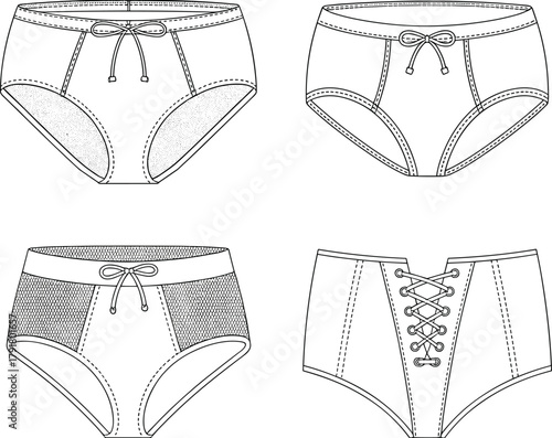 High-waisted women's underwear vector set with lace, bow, corset detail, fashion sketch, lingerie design, shapewear illustration, outline style