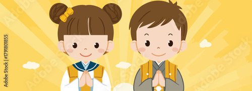 밝고 긍정적인 배경에서 두 명의 어린이가 공손하게 합장하며 인사하는 모습