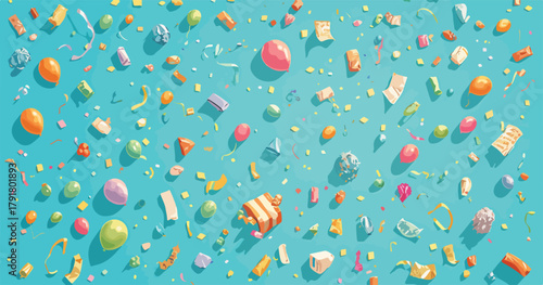 다채로운 풍선, 색종이 조각, 그리고 축하 장식이 푸른 배경에 흩날리는 즐거운 파티 장면