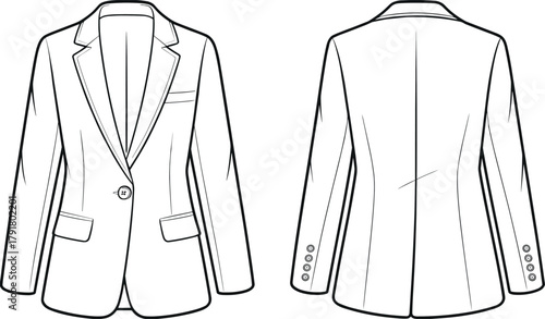 Tailored blazer front and back technical fashion sketch with notched lapel, flap pockets, princess seams, sleeve buttons, vector drawing