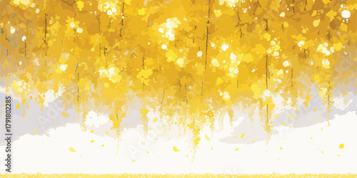 황금빛 가을 잎사귀가 바람에 흩날리는 아름다운 풍경, 동양적인 수채화 스타일