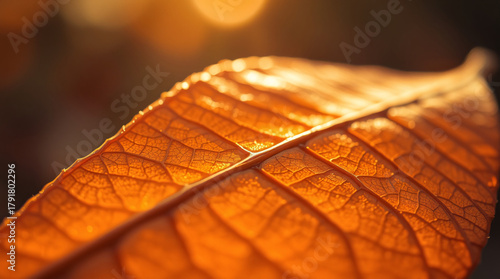 Sun-Drenched Macro of an Autumn Leaf's Surface, Featuring a Sharp Midrib Line and the Brightly Glowing, Ribbed Texture of the Leaf Edge in Golden Sunlight