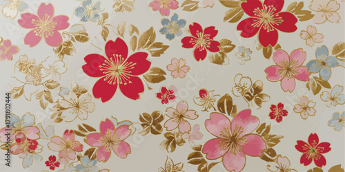 화사한 분홍색과 붉은색 벚꽃들이 섬세한 금색 라인과 함께 어우러져 동양적인 아름다움을 표현하는 우아한 벡터 꽃무늬 배경입니다.