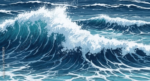Fototapeta Naklejka Na Ścianę i Meble -  Powerful ocean wave crashing with white foam and deep blue water