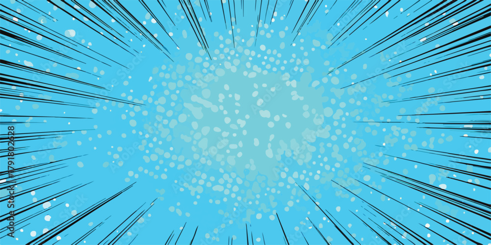 Obraz premium 밝고 활기찬 푸른색 배경에 중앙에서 폭발하듯 퍼져나가는 빛나는 점들과 강력한 속도선이 역동적인 움직임과 에너지를 시각적으로 강조하는 그래픽 디자인 요소입니다.