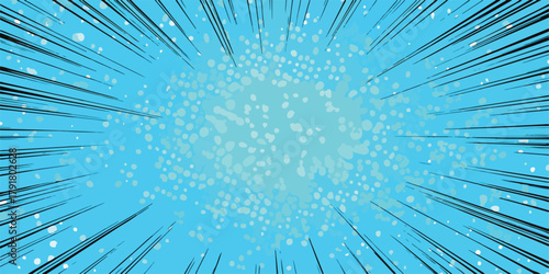 밝고 활기찬 푸른색 배경에 중앙에서 폭발하듯 퍼져나가는 빛나는 점들과 강력한 속도선이 역동적인 움직임과 에너지를 시각적으로 강조하는 그래픽 디자인 요소입니다.