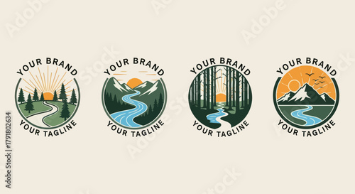 Nature-Inspired Brand Logos - Mountain, River, and Forest Designs.