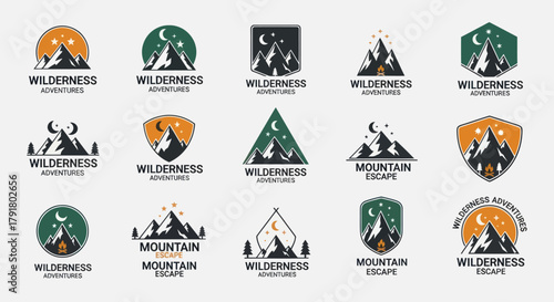 Collection of wilderness adventure mountain logos and emblems for outdoor activities.