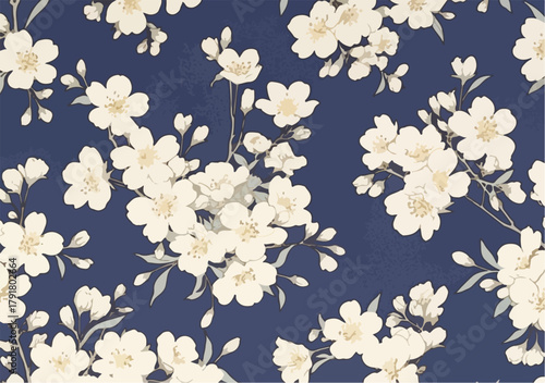 어두운 남색 배경에 피어난 하얀 벚꽃이 반복되는 아름다운 벡터 패턴으로, 봄의 우아함과 평온함을 표현합니다.