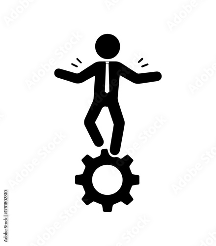 Stickman balancing on a spinning gear, symbolizing uncertainty, management pressure, multitasking, or unstable work conditions in the business environment.
