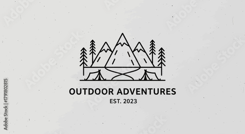 Outdoor Adventures Logo Depicting Mountains Trees and Camping Tents.