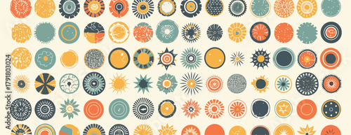 다채로운 색상의 빈티지 스타일 원형 패턴이 반복되어 조화로운 배경을 이루며, 다양한 디자인 프로젝트에 활용될 수 있는 추상적인 벡터 일러스트레이션입니다.
