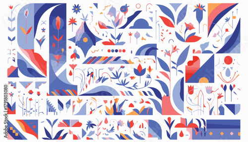 모던한 색감과 유기적인 형태가 결합된 추상적인 식물 및 기하학적 패턴으로, 창의적인 디자인 프로젝트에 활용하기 좋습니다.