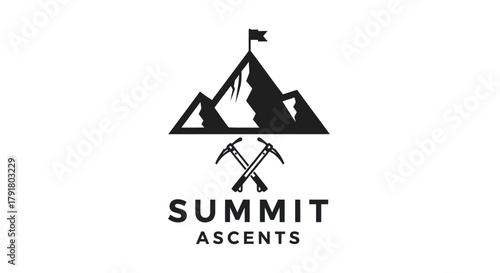 Summit Ascents Logo - Mountain Peak, Flag, and Crossed Ice Axes.
