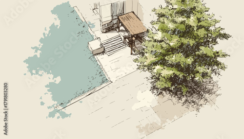아름다운 빈티지 수채화 스케치 스타일로 그려진 주택 뒷마당의 평화로운 항공뷰 일러스트로, 여유로운 야외 생활 공간의 매력을 담고 있습니다.