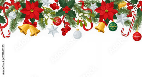 Festive Christmas foliage border with ornaments, poinsettia, and candy canes creates a joyful holiday cheer background element
