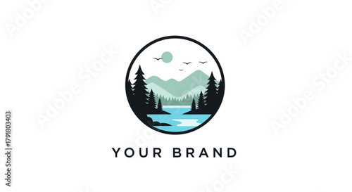 Circular Emblem with Pine Trees Mountains and River Landscape.