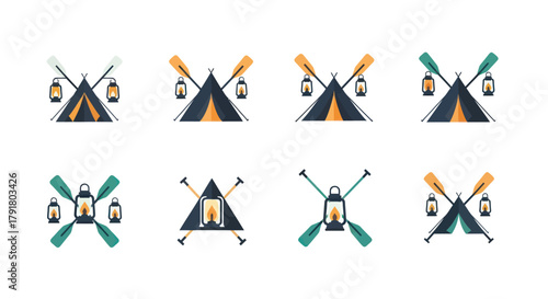 Collection of camping and outdoor adventure emblems with tents, paddles, and lanterns.