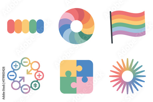 Flat color icons for social movement, illustrating flag, rainbow, puzzle, representing diversity, identity, and equal rights,