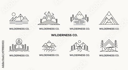 Collection of Wilderness Co. Mountain Landscape Line Art Logos.
