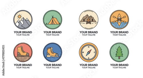 Set of colorful outdoor adventure and camping logo templates.