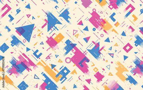 생동감 넘치는 다양한 기하학적 도형과 거친 질감이 조화롭게 어우러져, 현대적이고 역동적인 분위기를 자아내는 추상적인 벡터 패턴 배경으로 활용하기 좋습니다.