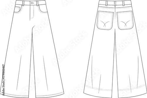 Technical flat sketch of wide-leg jeans front and back view for fashion design, garment construction, apparel template, and clothing catalog