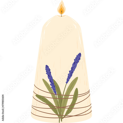 Cream Colored Candle With Lavender Sprigs Tied With Twine On Transparent Background And Lit Flame