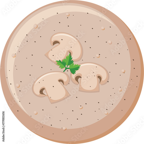Creamy mushroom soup served in a light brown bowl garnished with fresh parsley and black pepper seasoning for a delicious meal