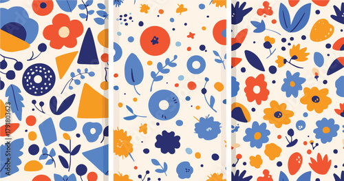 다양한 색상의 꽃, 잎, 기하학적 모양의 추상적인 패턴 디자인 모음