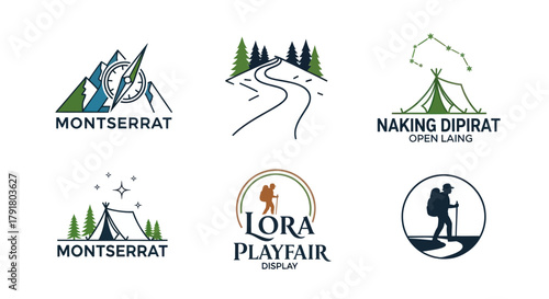 Set of six vintage outdoor adventure and hiking logo designs.