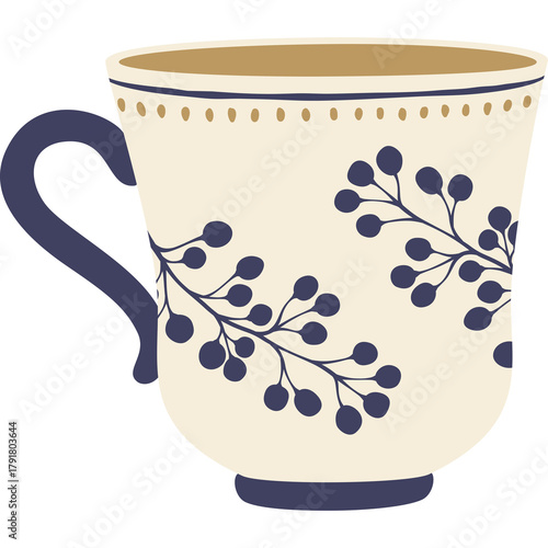 Cream Colored Ceramic Mug with Dark Blue Botanical Pattern and Golden Rim Accents on a Transparent Background