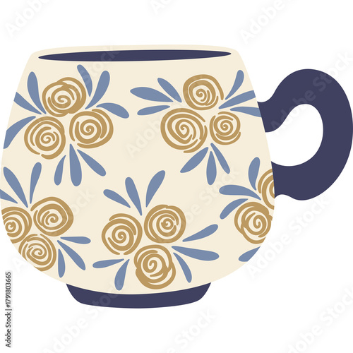Cream Colored Ceramic Mug With Navy Blue Handle And Floral Pattern Isolated On White