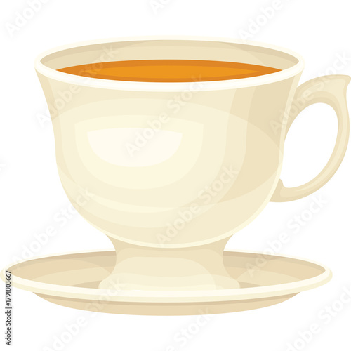 Cream Colored Ceramic Tea Cup Filled With Amber Beverage Sitting on Matching Saucer Isolated on White
