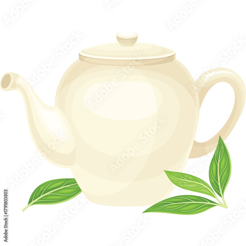 Cream Colored Ceramic Teapot with Green Leaves Isolated on Transparent Background Featuring a Smooth Texture and Elegant Design Ideal for Beverage and Culinary Themes