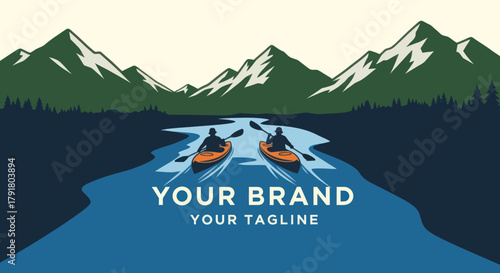 Two people kayaking on a river for an adventure travel logo.