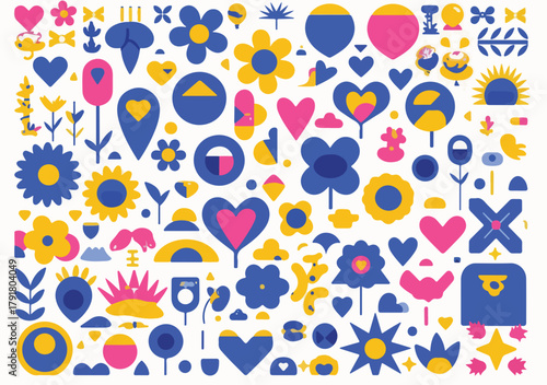 다양한 모양과 색상의 귀여운 아이콘 모음: 꽃, 하트, 랜드마크, 태양, 기하학적 패턴