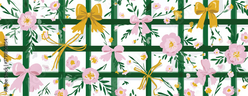 녹색 격자 울타리에 핑크색과 금색 리본, 벚꽃이 만발한 봄날의 화려한 패턴
