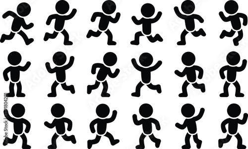 Stick figure running and walking animation sprite sheet. simple graphic icon set of active human figures moving isolated