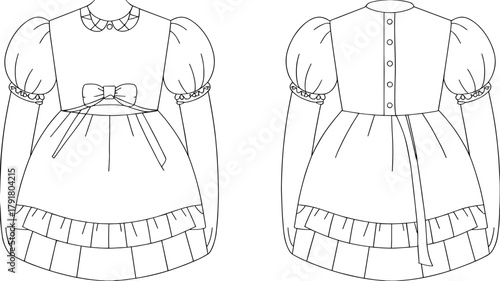 Vector technical sketch of vintage girl’s dress with puff sleeves, bow, scalloped collar, ruffled hem, front and back views.