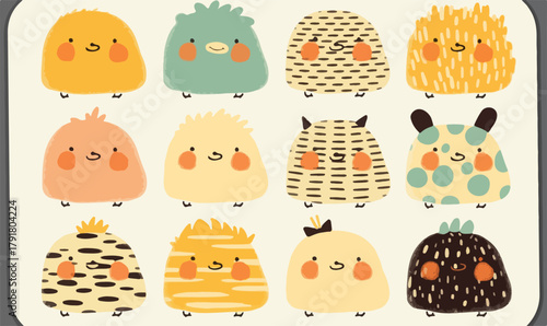 귀엽고 아기자기한 12마리 몬스터 캐릭터 디자인 모음, 벡터 일러스트