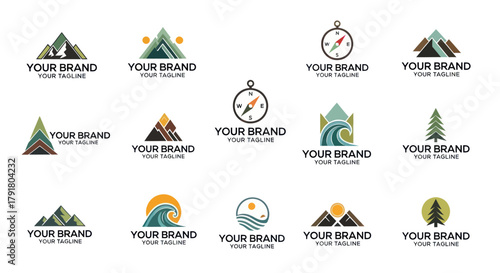 Collection of outdoor adventure and nature-inspired logo designs for branding.