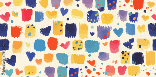 다채로운 색상의 추상적인 모양과 하트가 반복되는 패턴 디자인.