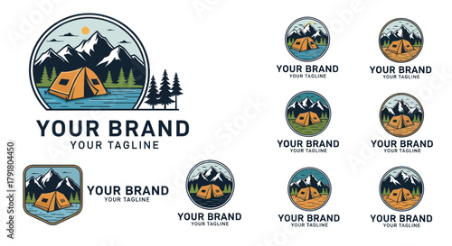 Camping logo designs with mountains and tents for branding.