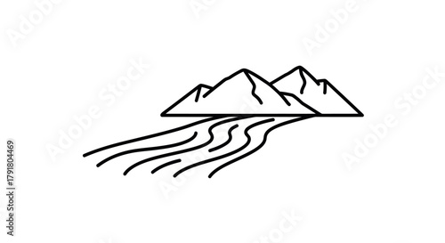 Minimalist line art illustration of mountains and a flowing river.