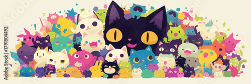 다채로운 색상의 귀여운 고양이와 몬스터 캐릭터들이 모여 있는 벡터 일러스트레이션