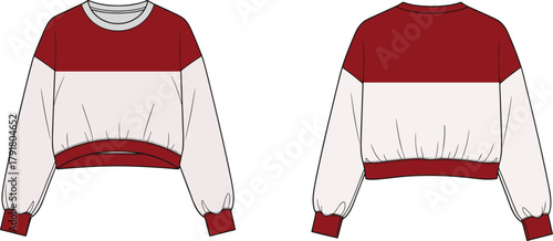 Cropped sweatshirt front and back view, color-block design, dark red and pink, loose sleeves, gathered cuffs, casual fashion mockup, vector clothing illustration
