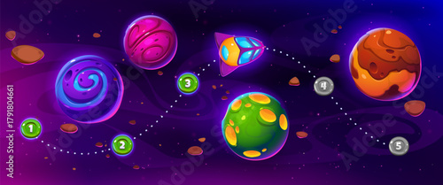 Space game ui level map with shuttle flying sky