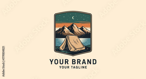Vintage camping adventure logo with tent and mountains at night.