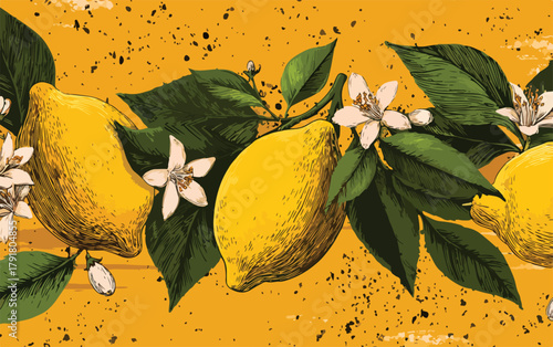 신선한 레몬과 꽃이 노란색 배경에 그려진 벡터 일러스트레이션, 여름 과일 테마